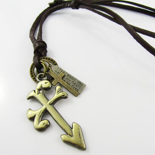 Unisex Adjustable Leather Arrow Cross Charm Necklace 38-70cm