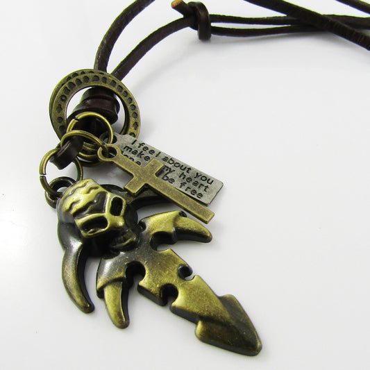 Unisex Adjustable Leather Pirate Skeleton Cross Charm Necklace 38-70cm
