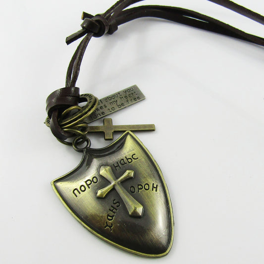 Unisex Adjustable Leather Knight's Shield Cross Charm Necklace 38-70cm